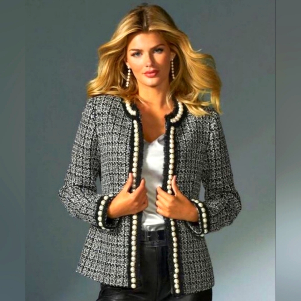 Boston Proper Black & White Pearl Shimmer Tweed Parisian Jacket Size 8